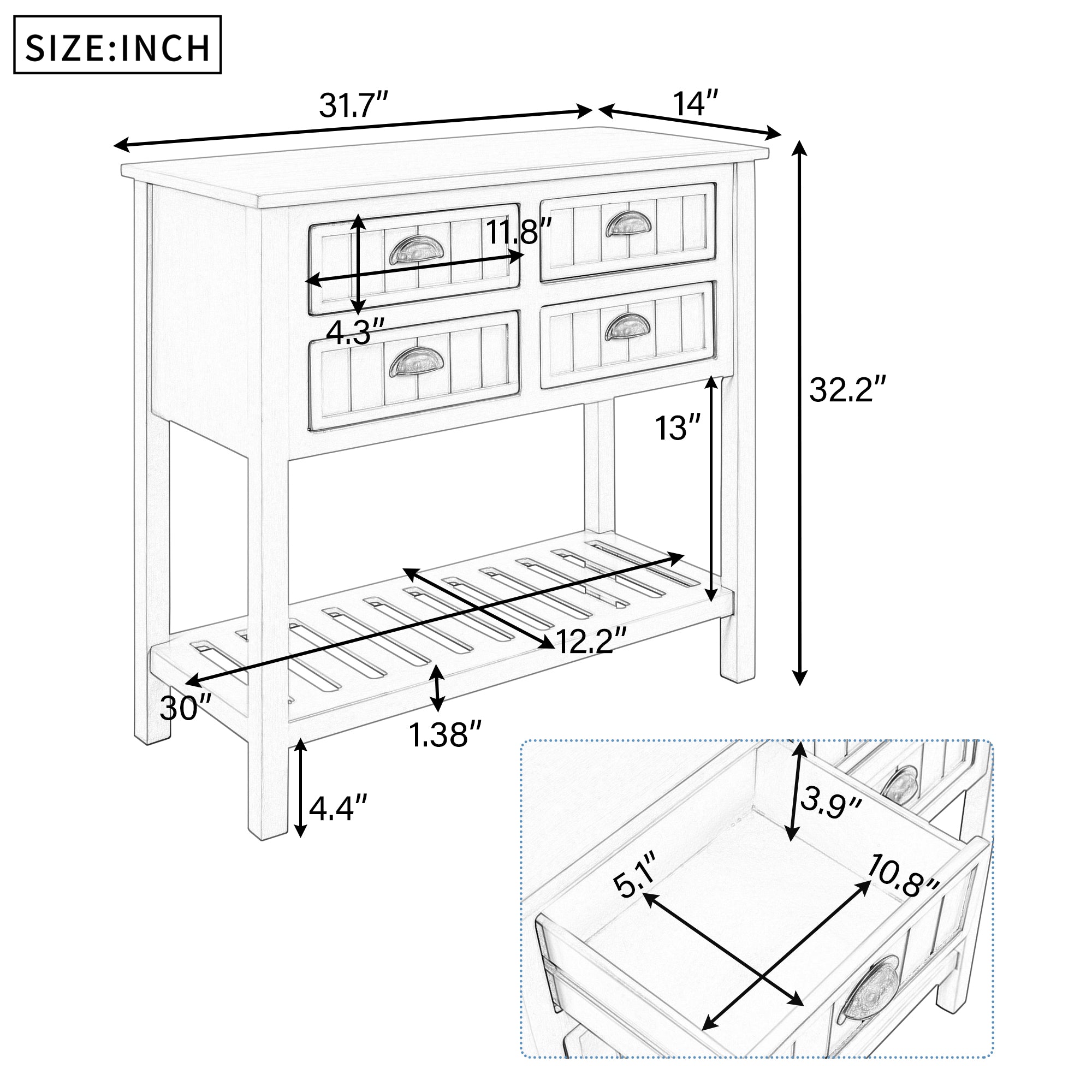 Cambridge Series Buffet Sideboard Console Table with Bottom Shelf (White)