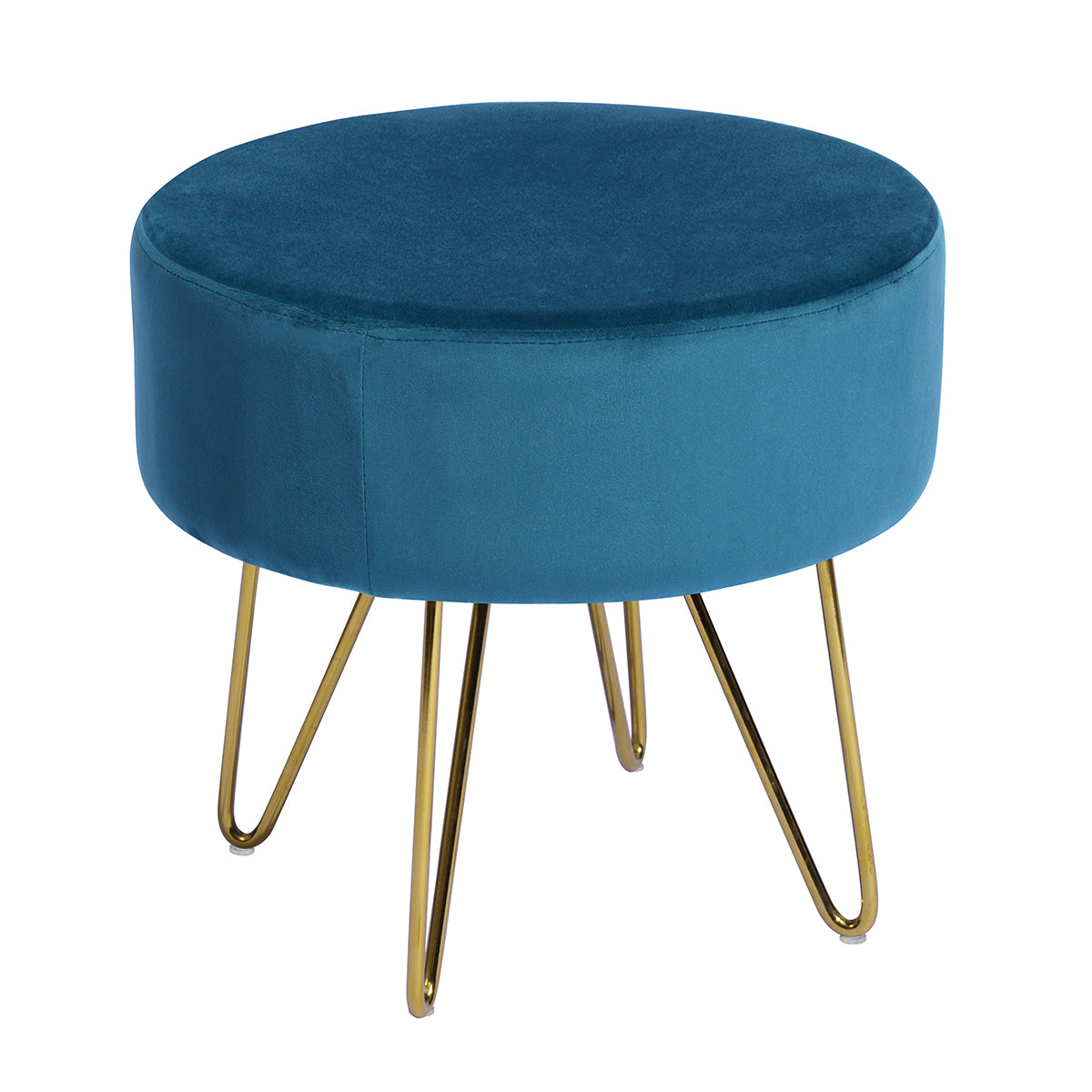 Teal and Gold Decorative Round Shaped Ottoman with Metal Legs