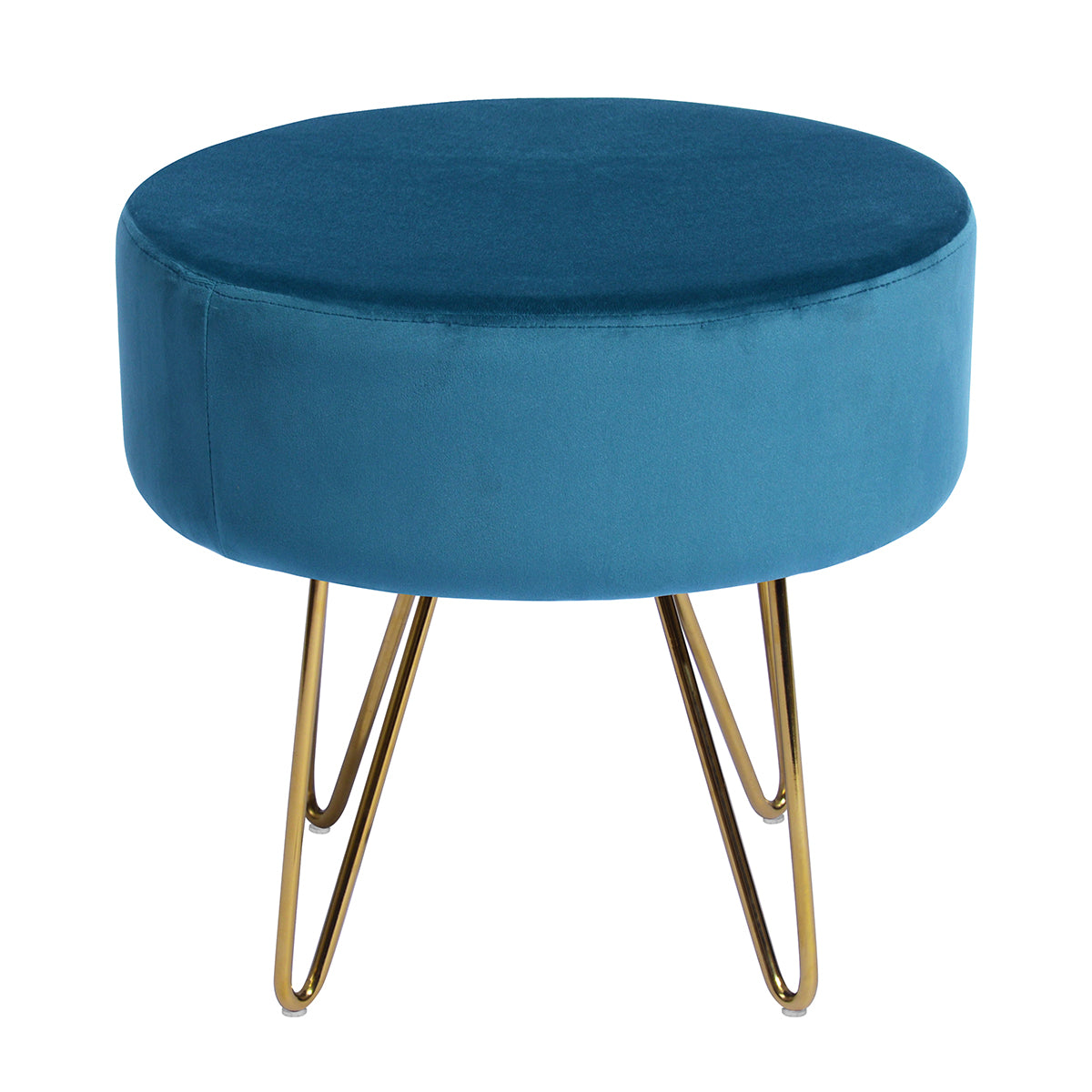 Teal and Gold Decorative Round Shaped Ottoman with Metal Legs