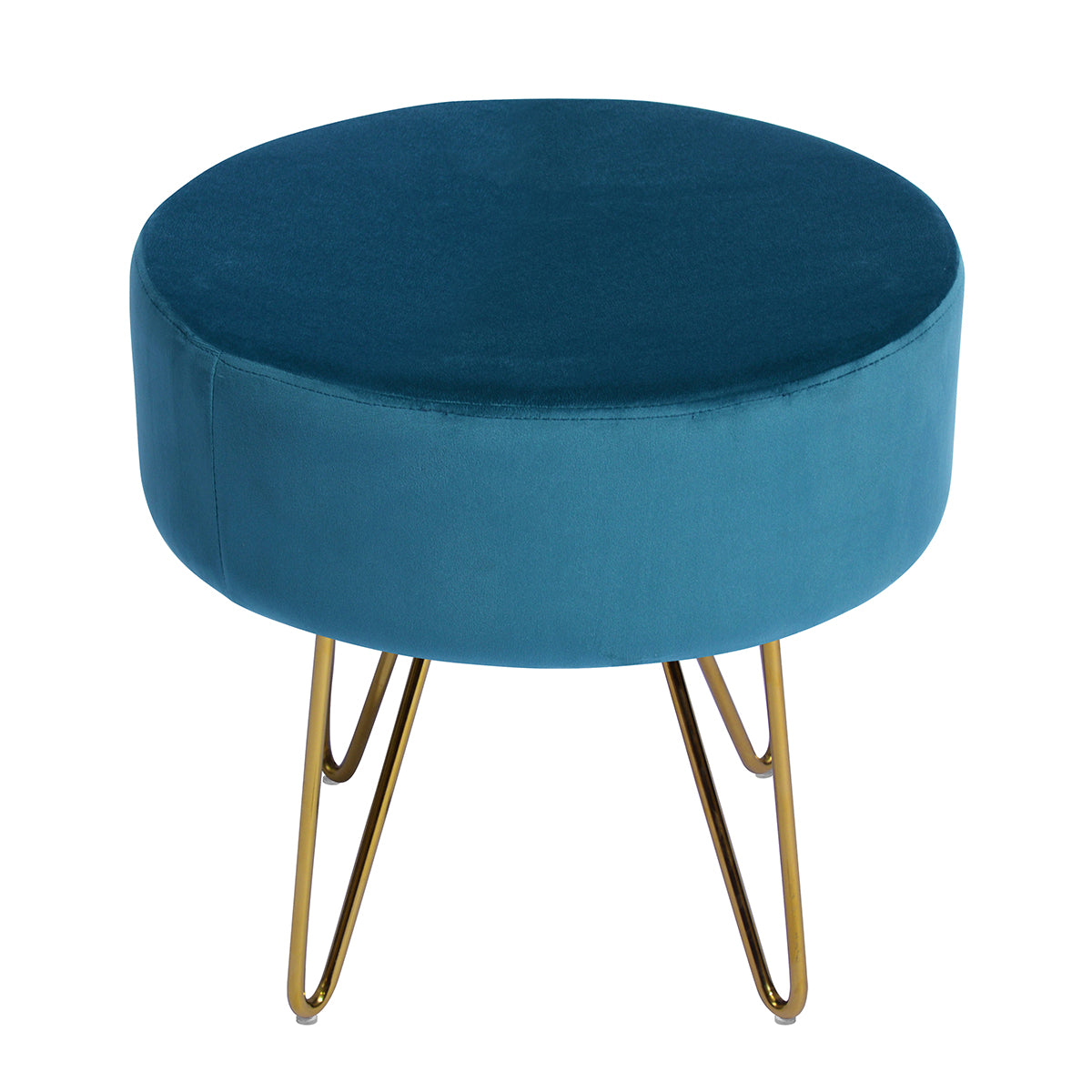 Teal and Gold Decorative Round Shaped Ottoman with Metal Legs