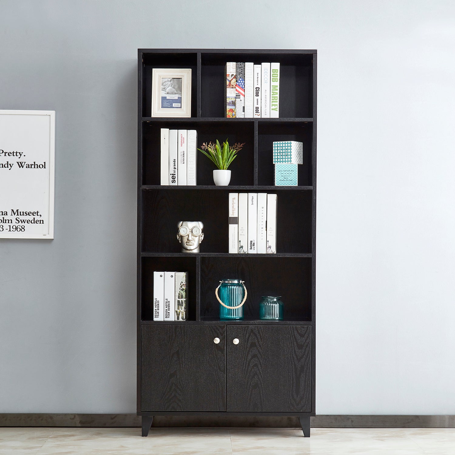 Bookcase with 2 Doors, Bookshelf,  Black