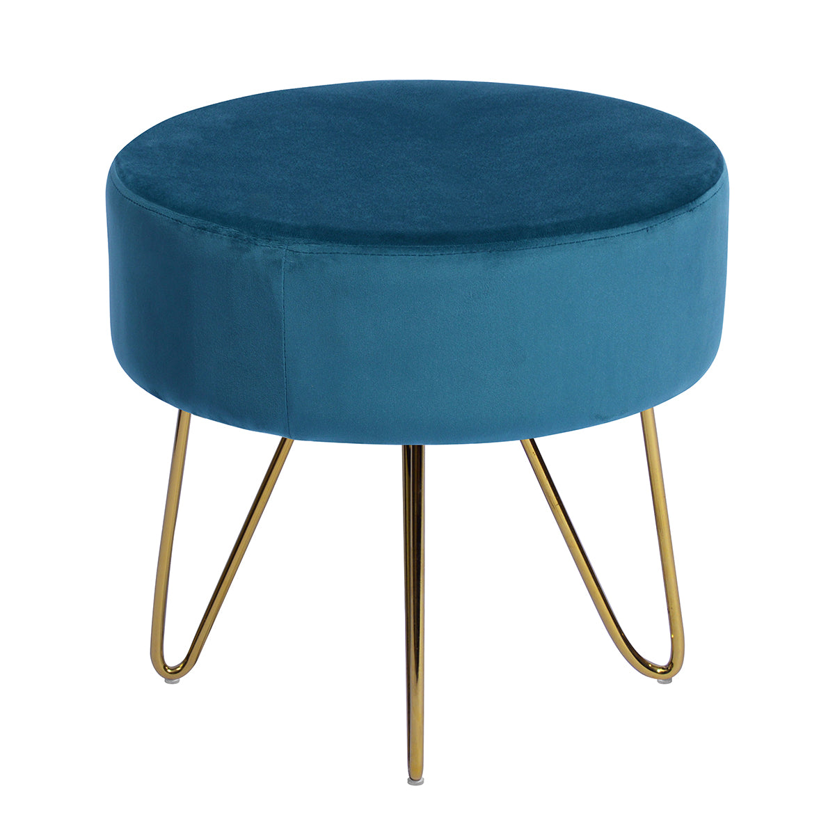 Teal and Gold Decorative Round Shaped Ottoman with Metal Legs