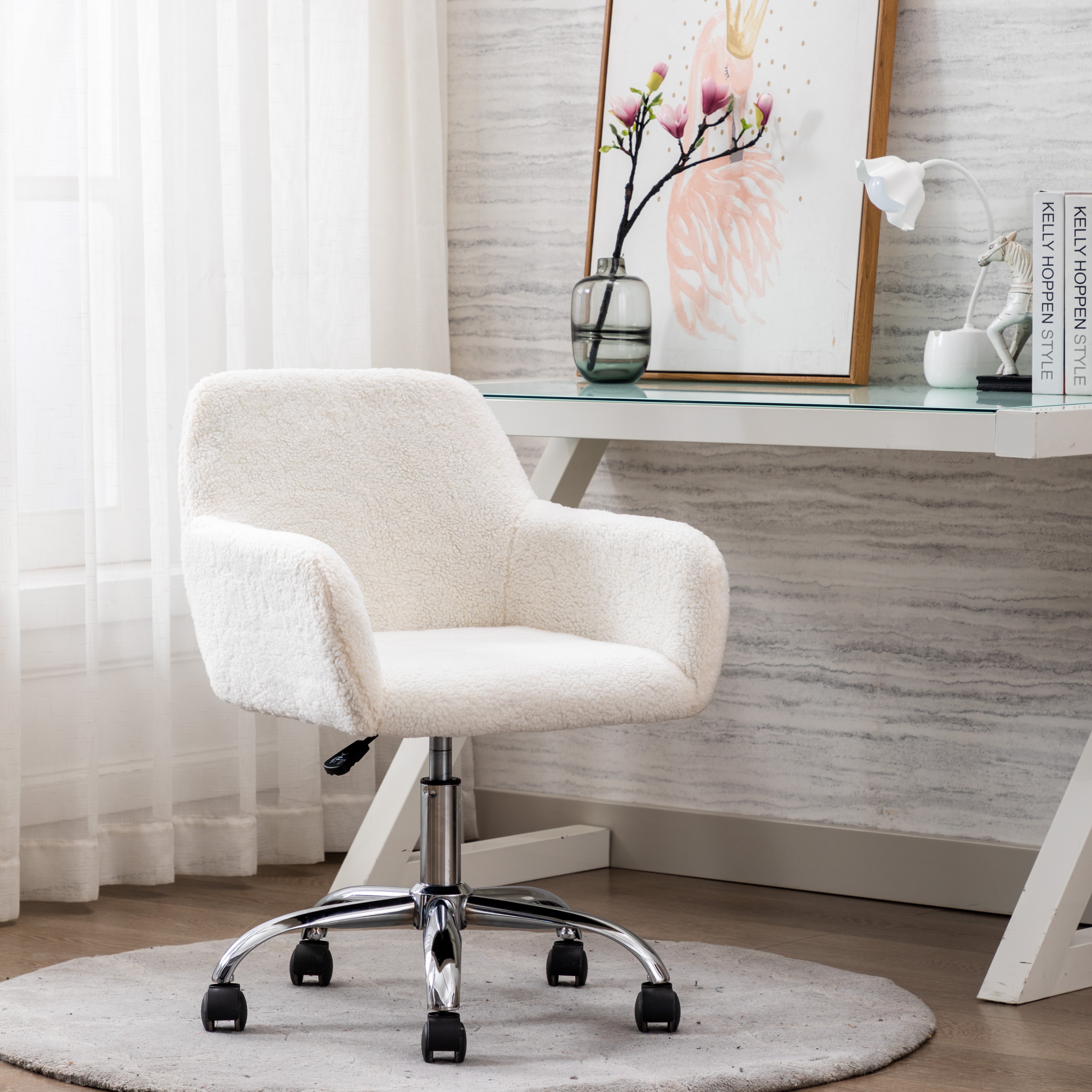 HengMing Home Office Chair, Leisure Chair Upholstered Adjustable furry Chair,  white