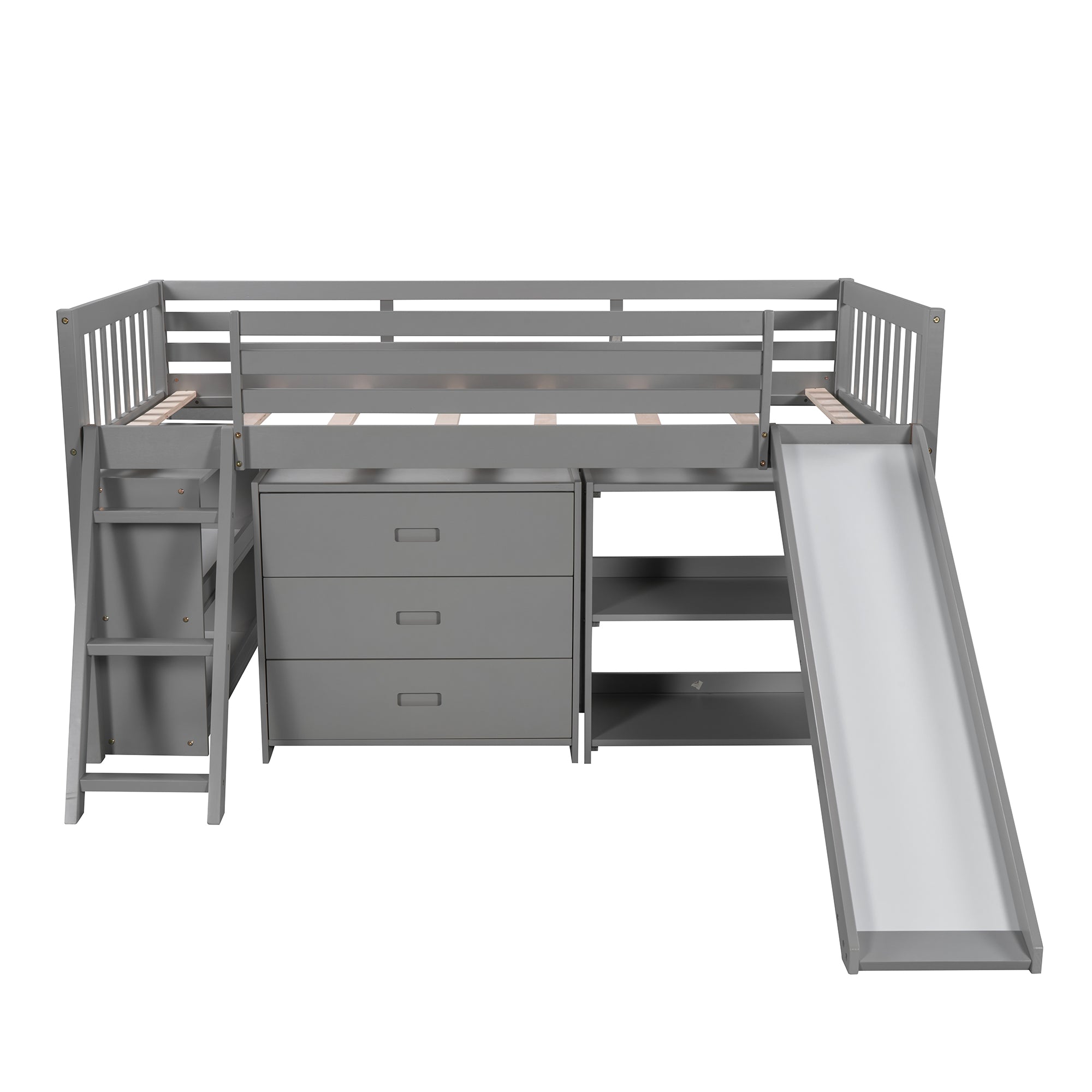 Solid Wood Low Loft Bed with Attached Bookcases and Separate 3-tier Drawers,Convertible Ladder and Slide,Twin,Gray（Expected arrival time 9.15）