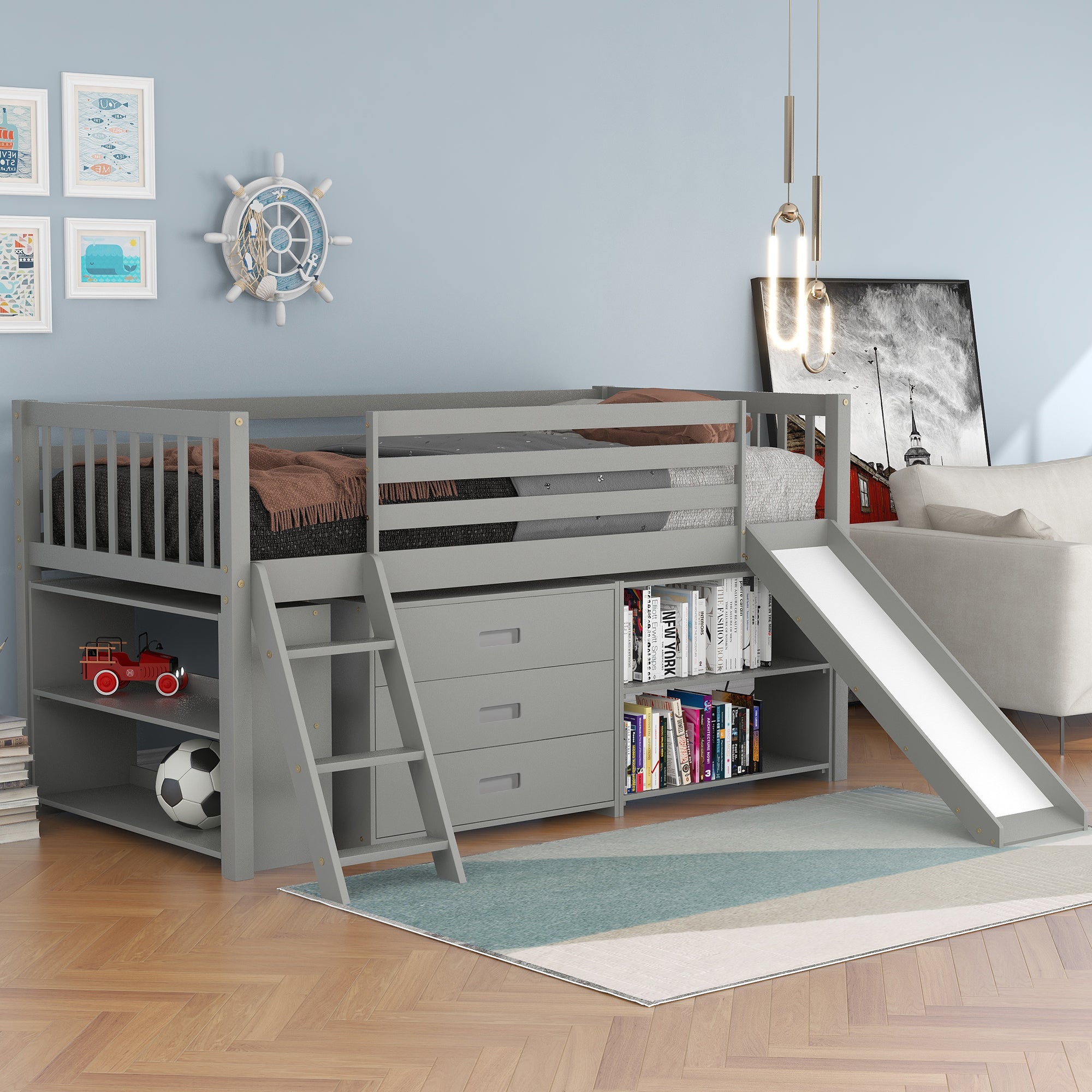 Solid Wood Low Loft Bed with Attached Bookcases and Separate 3-tier Drawers,Convertible Ladder and Slide,Twin,Gray（Expected arrival time 9.15）