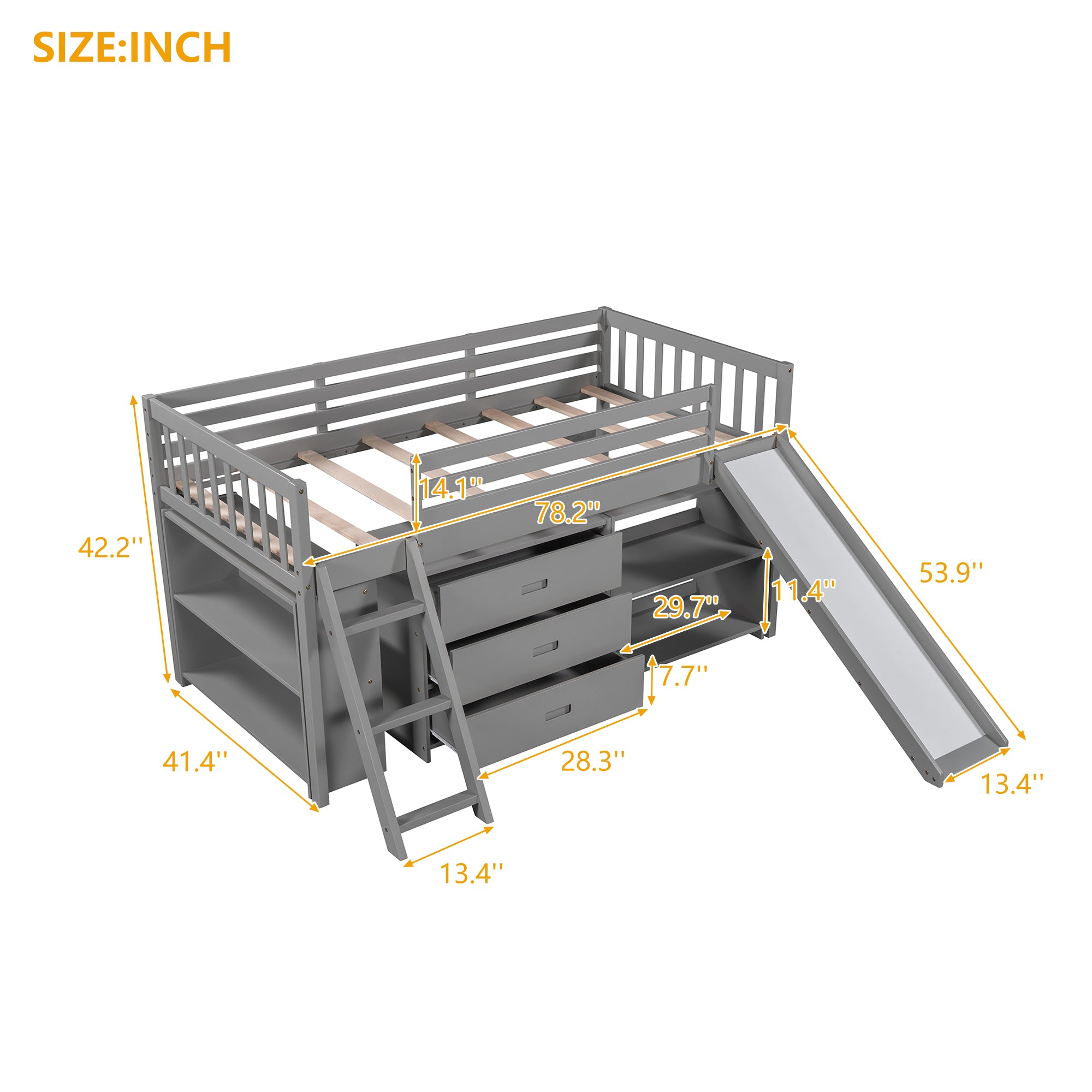 Solid Wood Low Loft Bed with Attached Bookcases and Separate 3-tier Drawers,Convertible Ladder and Slide,Twin,Gray（Expected arrival time 9.15）