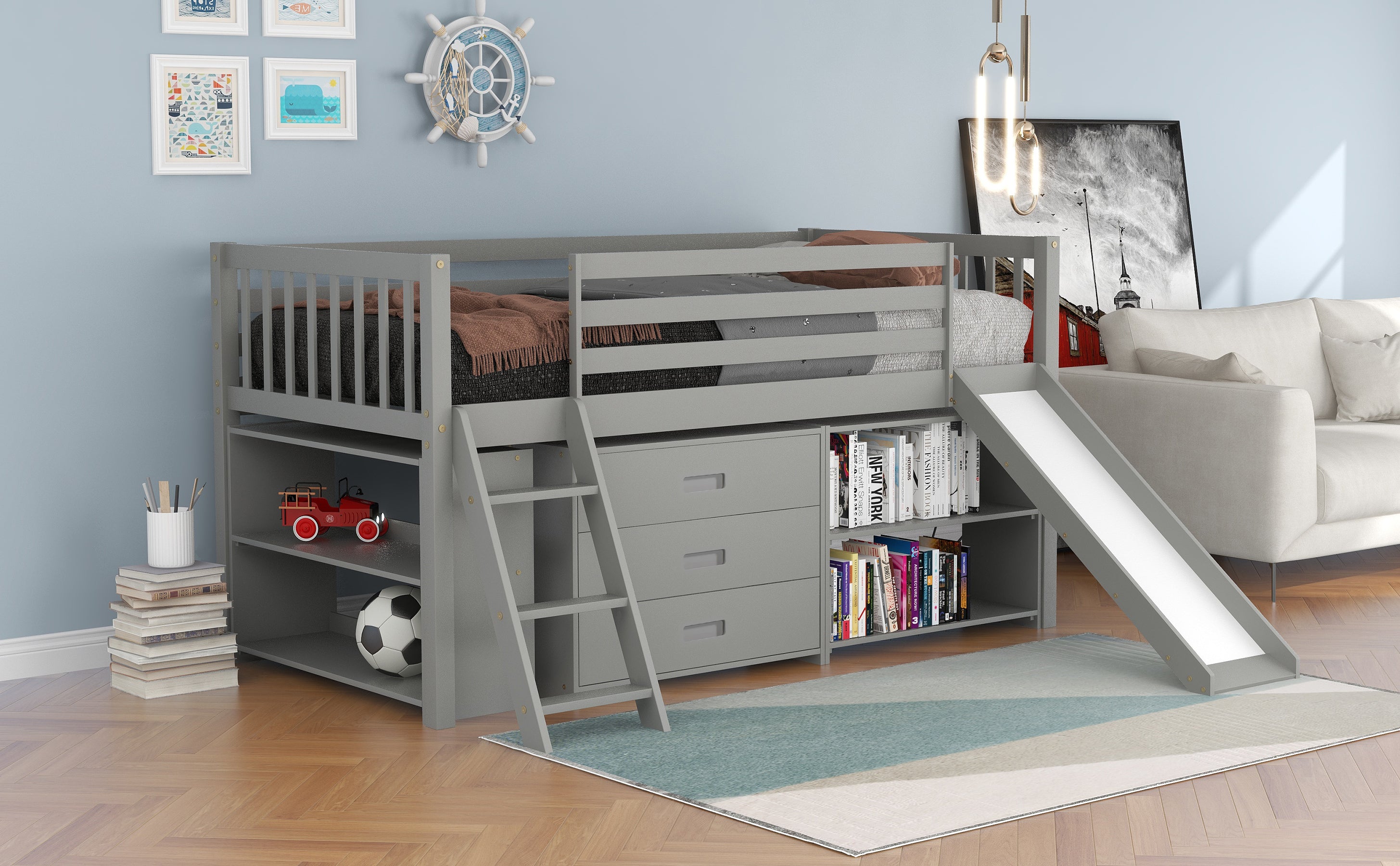 Solid Wood Low Loft Bed with Attached Bookcases and Separate 3-tier Drawers,Convertible Ladder and Slide,Twin,Gray（Expected arrival time 9.15）