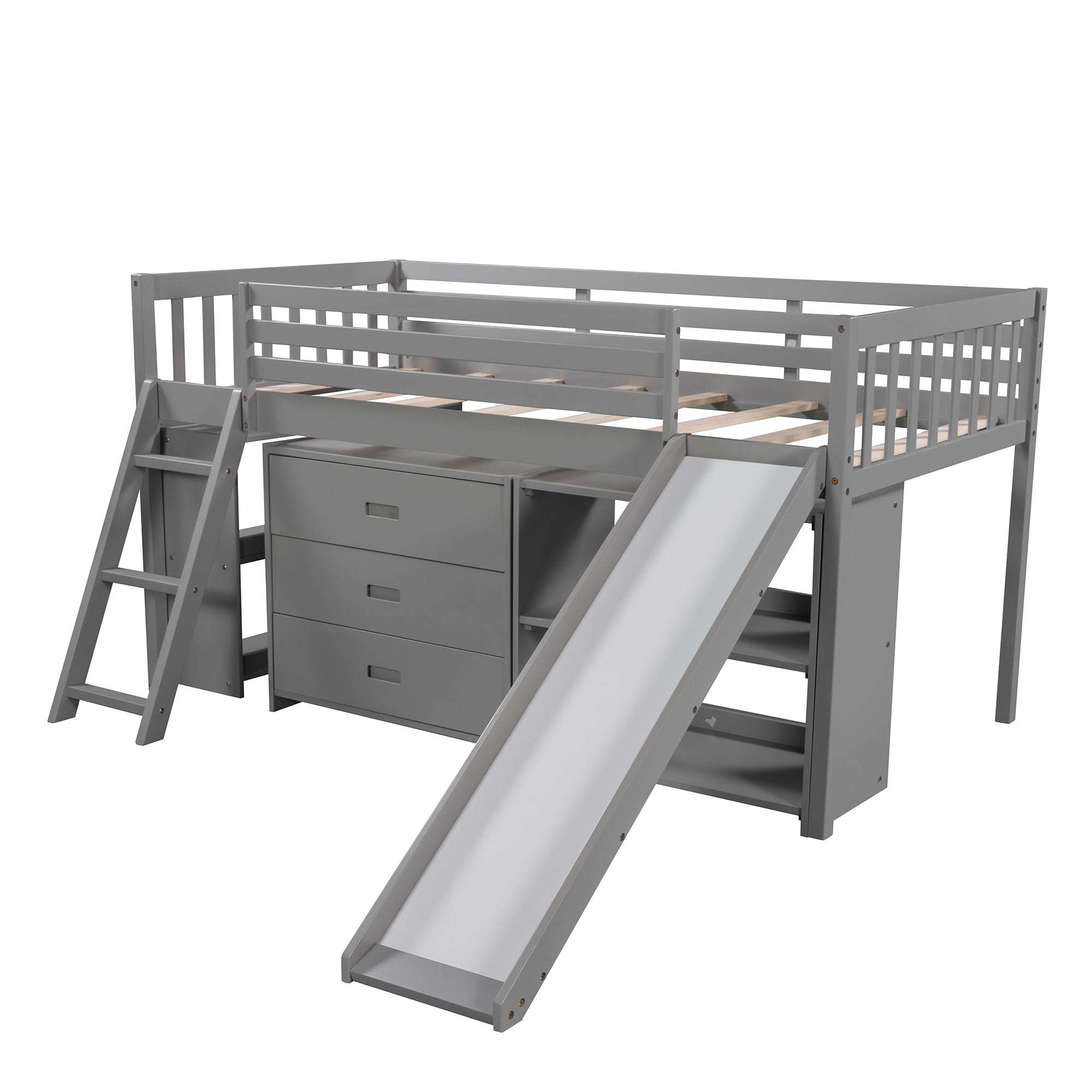 Solid Wood Low Loft Bed with Attached Bookcases and Separate 3-tier Drawers,Convertible Ladder and Slide,Twin,Gray（Expected arrival time 9.15）