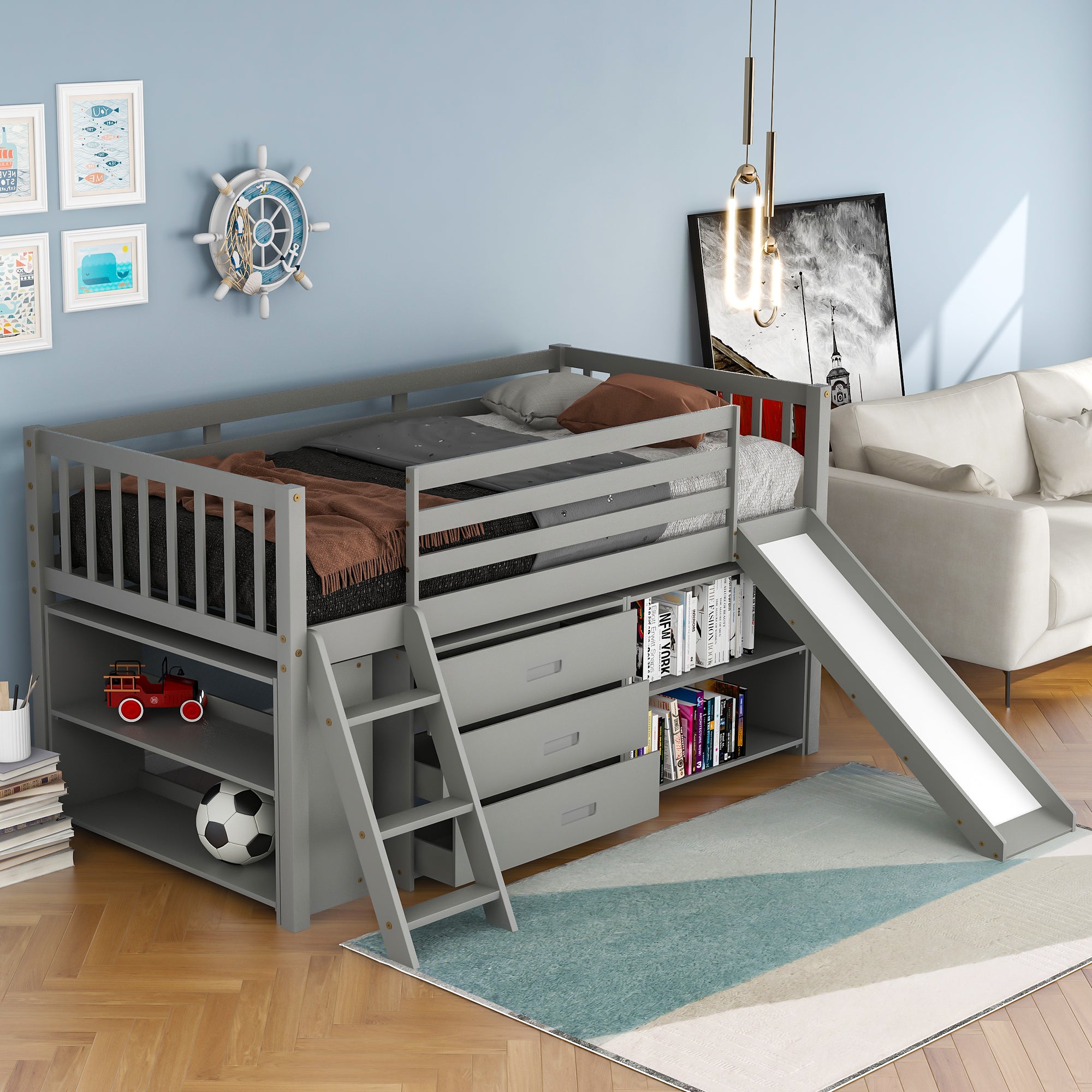 Solid Wood Low Loft Bed with Attached Bookcases and Separate 3-tier Drawers,Convertible Ladder and Slide,Twin,Gray（Expected arrival time 9.15）