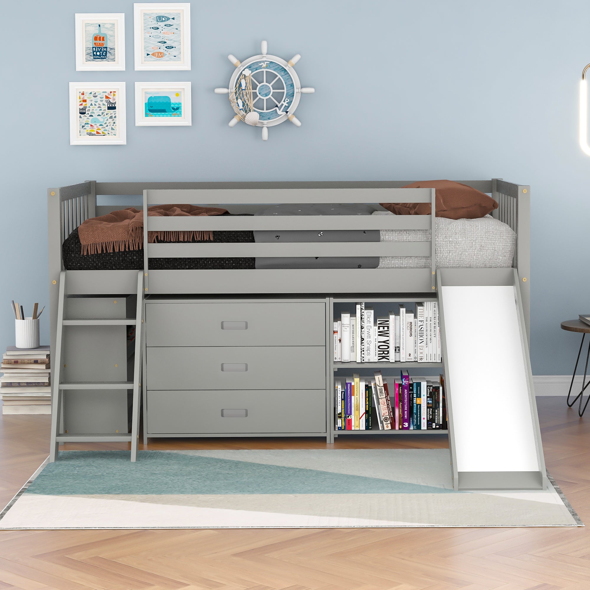 Solid Wood Low Loft Bed with Attached Bookcases and Separate 3-tier Drawers,Convertible Ladder and Slide,Twin,Gray（Expected arrival time 9.15）