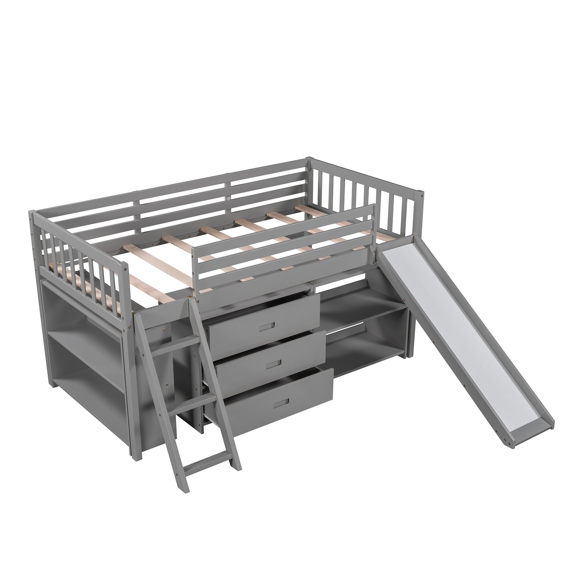 Solid Wood Low Loft Bed with Attached Bookcases and Separate 3-tier Drawers,Convertible Ladder and Slide,Twin,Gray（Expected arrival time 9.15）