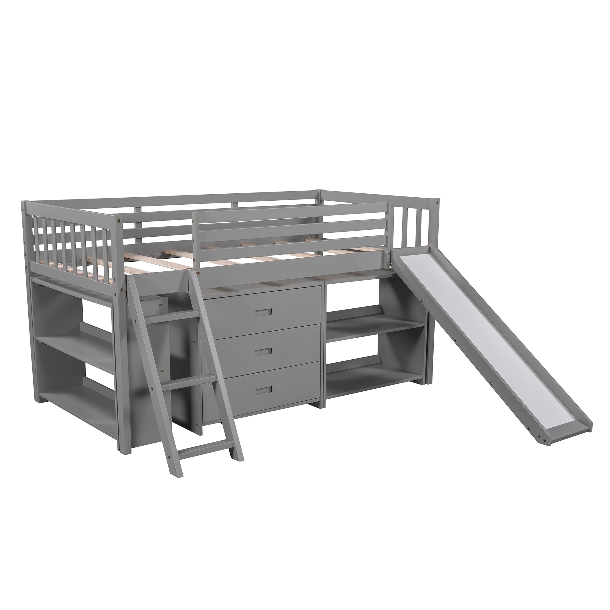 Solid Wood Low Loft Bed with Attached Bookcases and Separate 3-tier Drawers,Convertible Ladder and Slide,Twin,Gray（Expected arrival time 9.15）