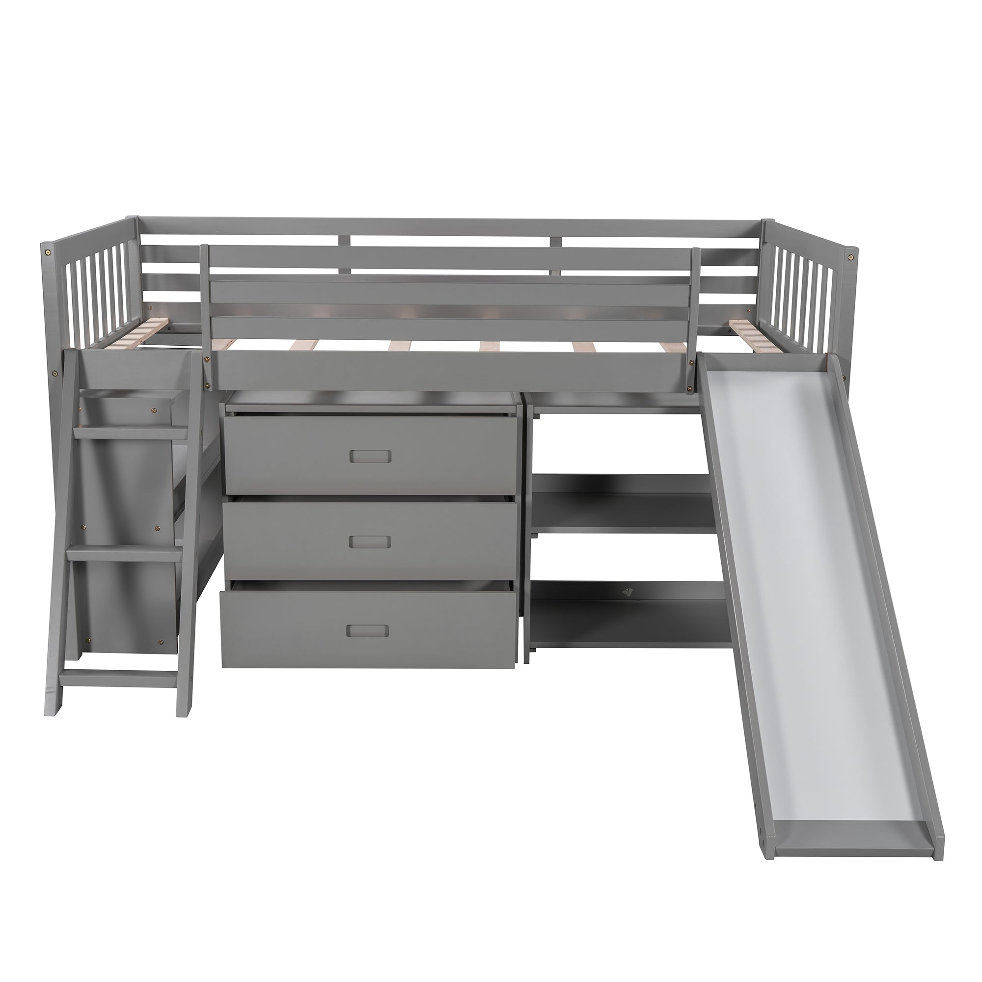 Solid Wood Low Loft Bed with Attached Bookcases and Separate 3-tier Drawers,Convertible Ladder and Slide,Twin,Gray（Expected arrival time 9.15）