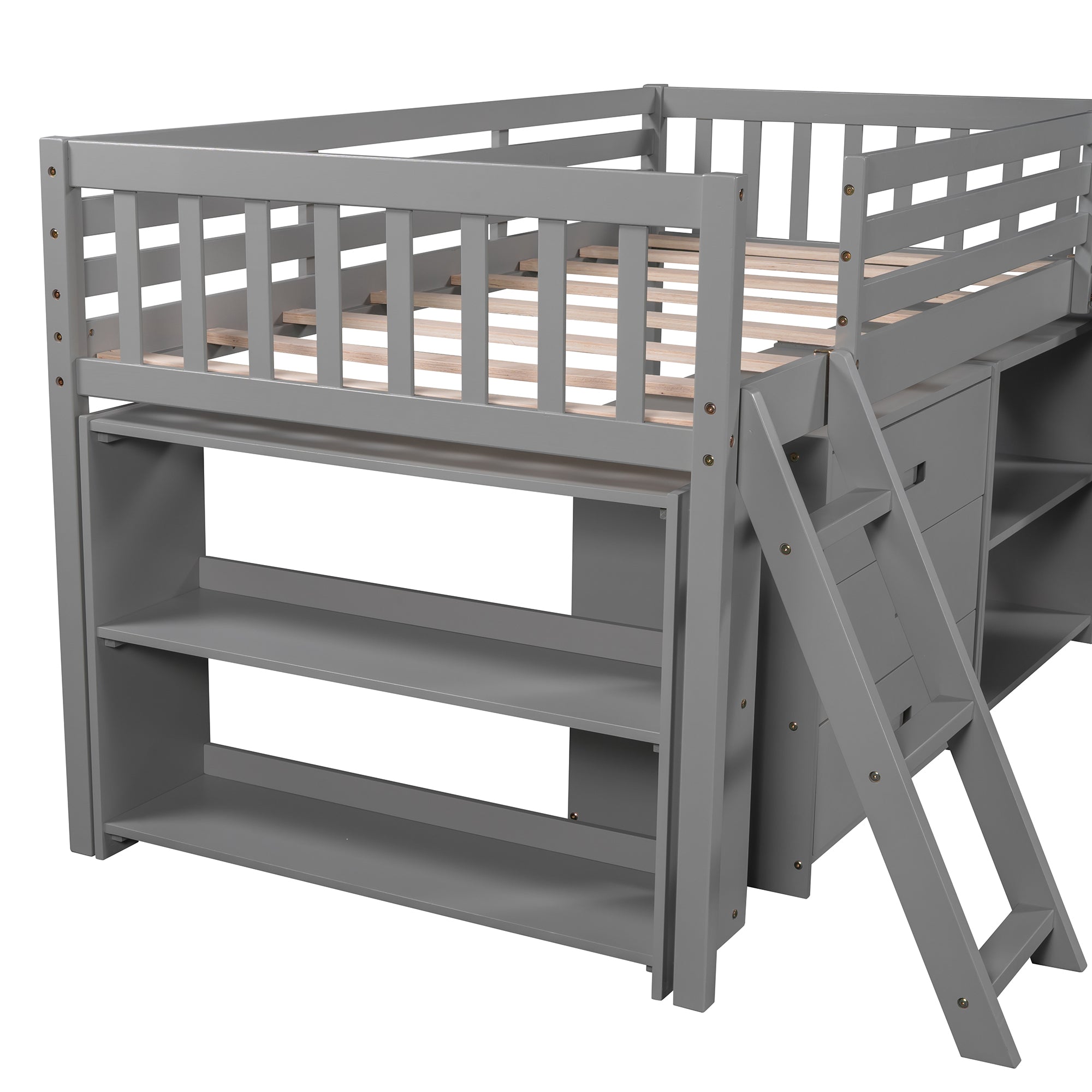 Solid Wood Low Loft Bed with Attached Bookcases and Separate 3-tier Drawers,Convertible Ladder and Slide,Twin,Gray（Expected arrival time 9.15）