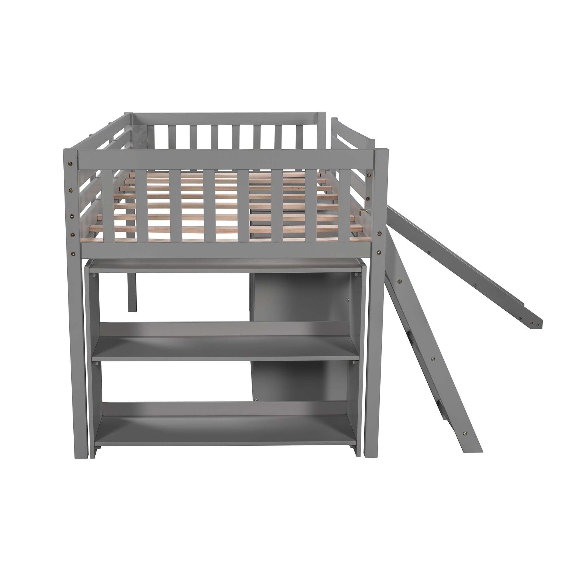 Solid Wood Low Loft Bed with Attached Bookcases and Separate 3-tier Drawers,Convertible Ladder and Slide,Twin,Gray（Expected arrival time 9.15）