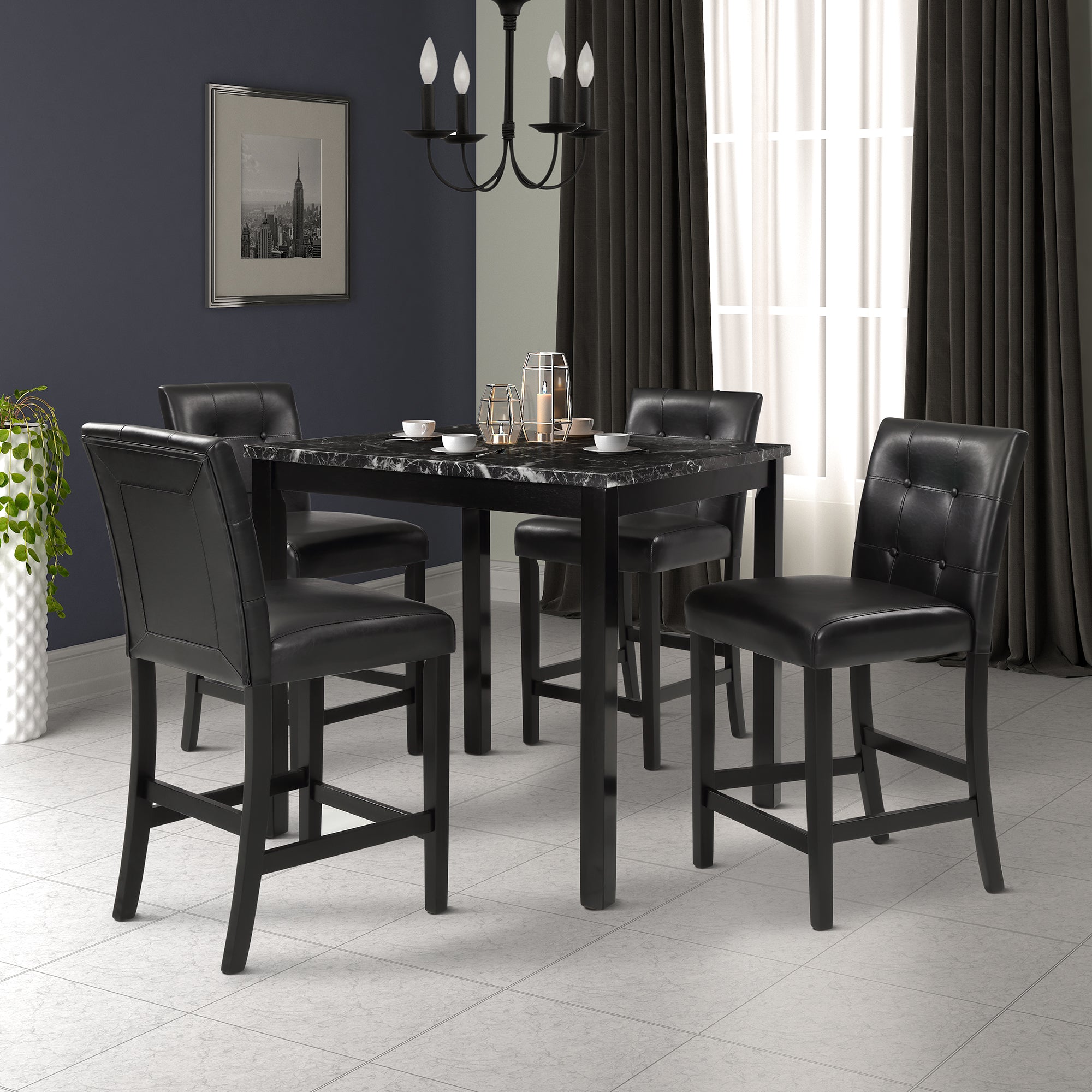 5-Piece Kitchen Table Set Marble Top Counter Height Dining Table Set with 4 Leather-Upholstered Chairs (Black)