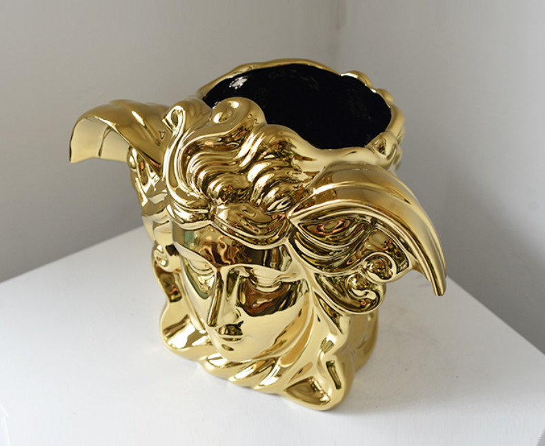 Designer/Medusa style luxury golden brushed ceramic metal gold vase modern home decoration