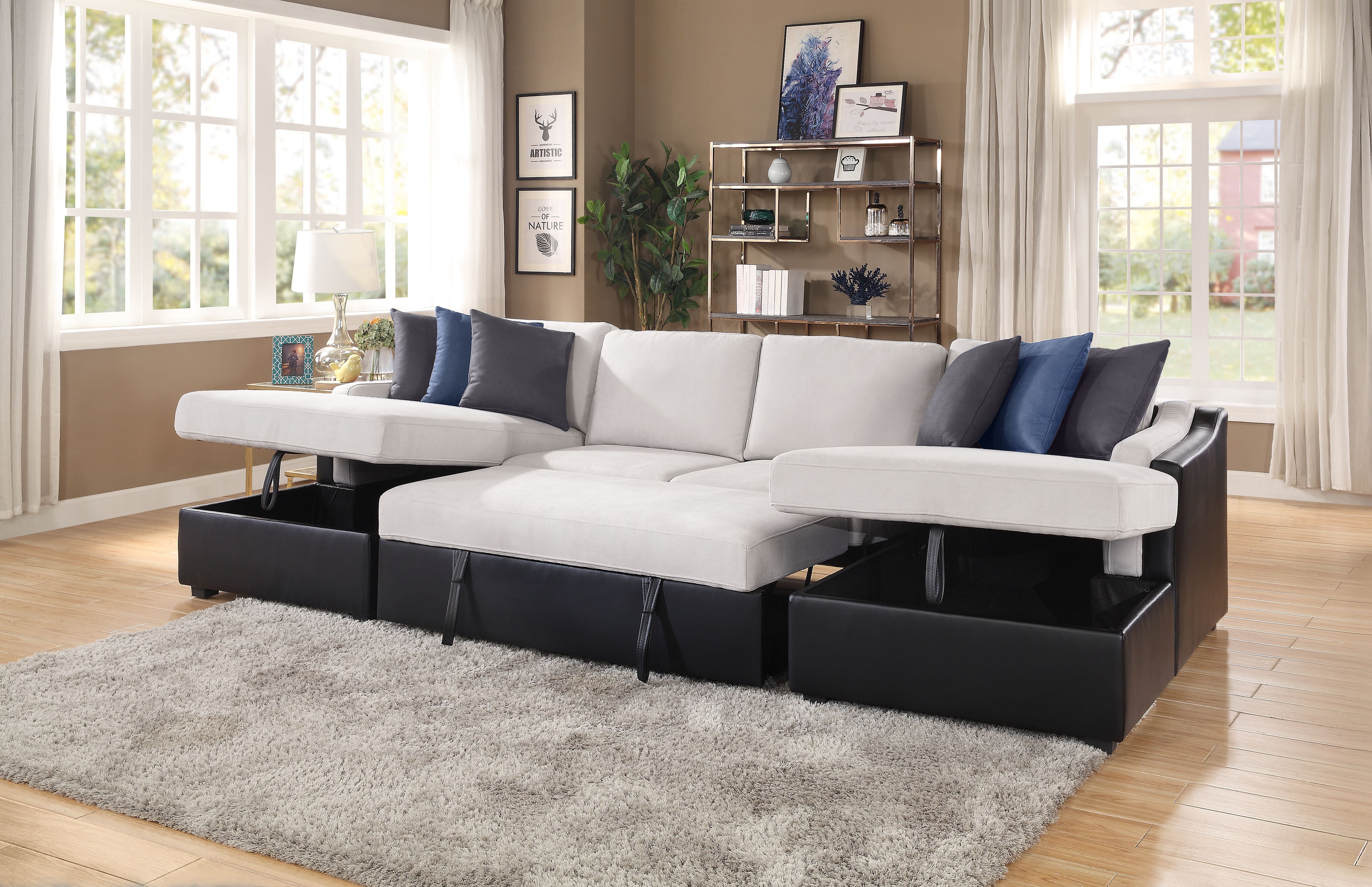 Merill Sectional Sofa w/Sleeper , Beige Fabric & Black PU 56015