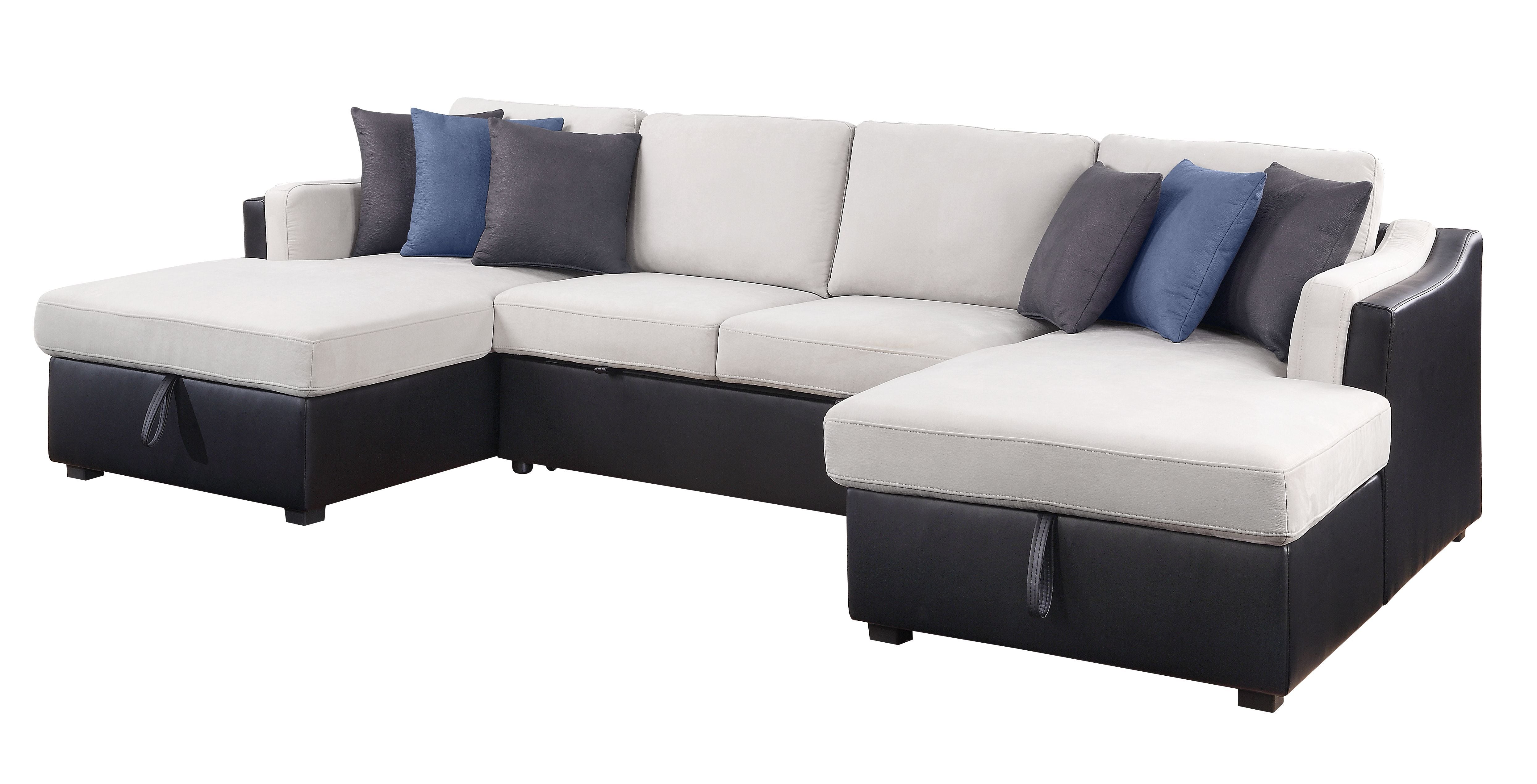 Merill Sectional Sofa w/Sleeper , Beige Fabric & Black PU 56015