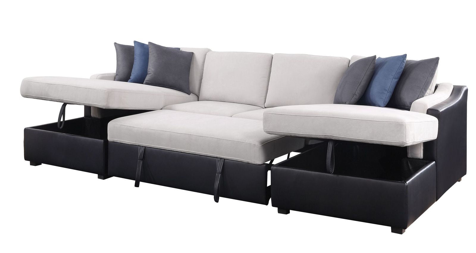 Merill Sectional Sofa w/Sleeper , Beige Fabric & Black PU 56015