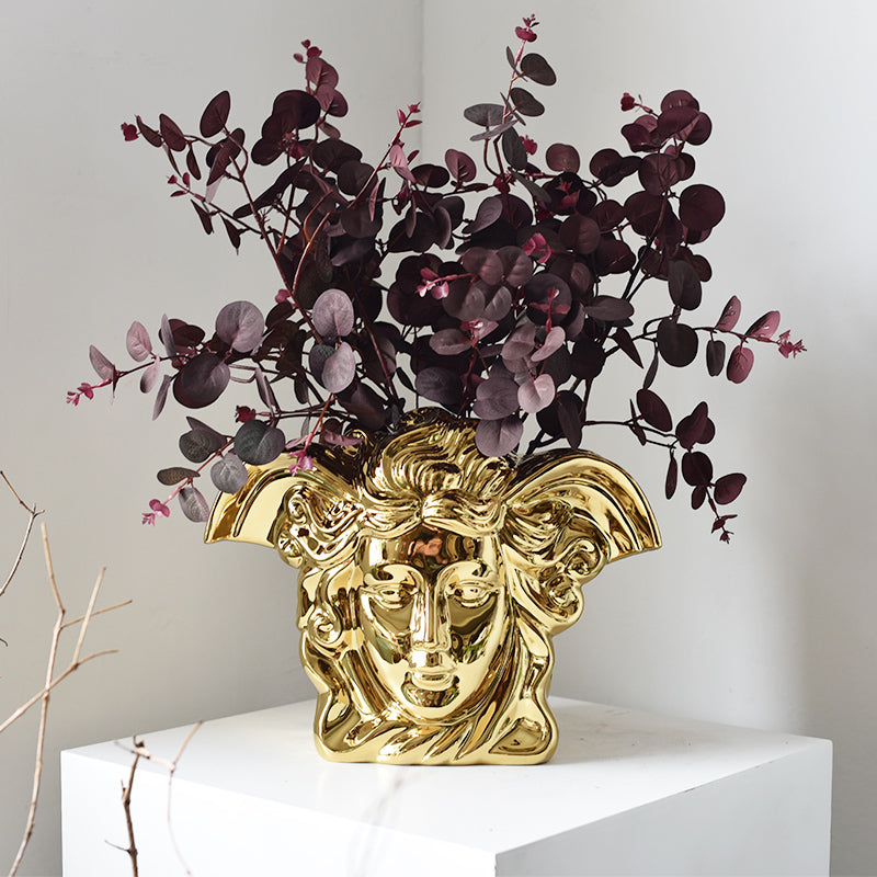 Designer/Medusa style luxury golden brushed ceramic metal gold vase modern home decoration