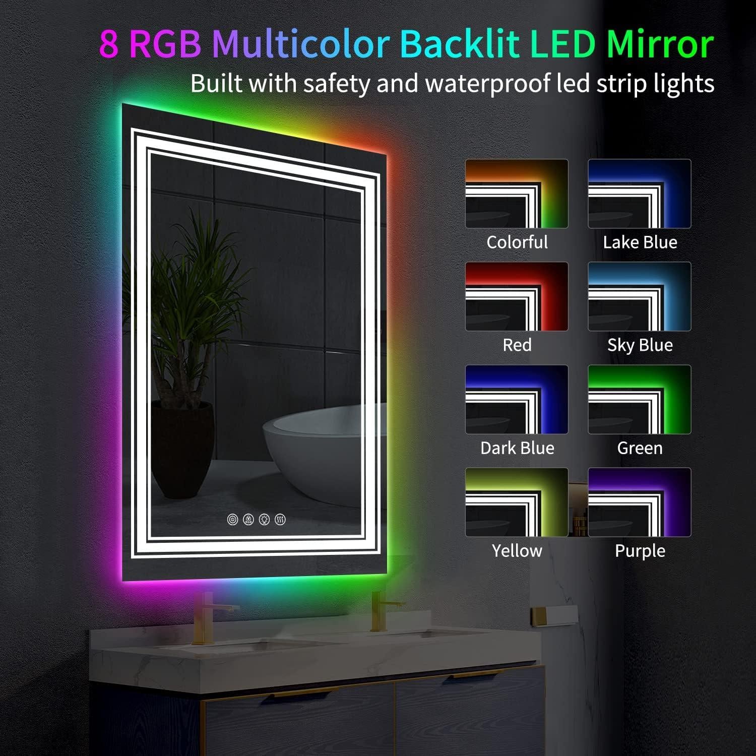 20*28 in Anti-Fog Smart Touch Mirror RGB LED Bathroom Mirror with Backlit Color Changing and 3 Front Lighting