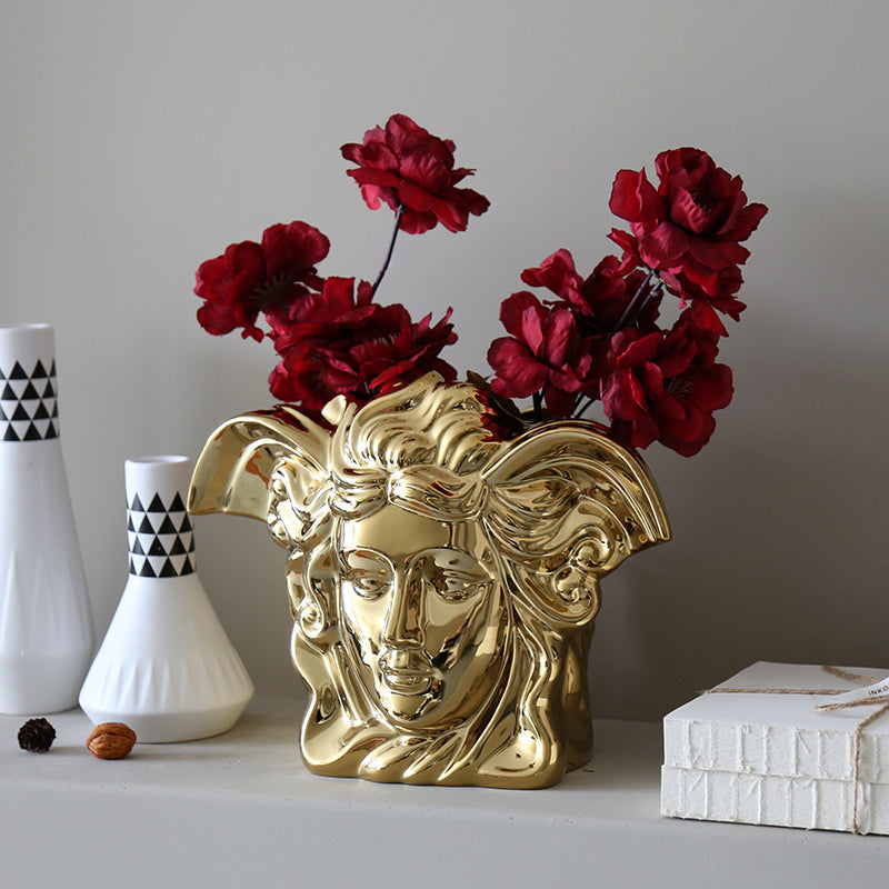 Designer/Medusa style luxury golden brushed ceramic metal gold vase modern home decoration