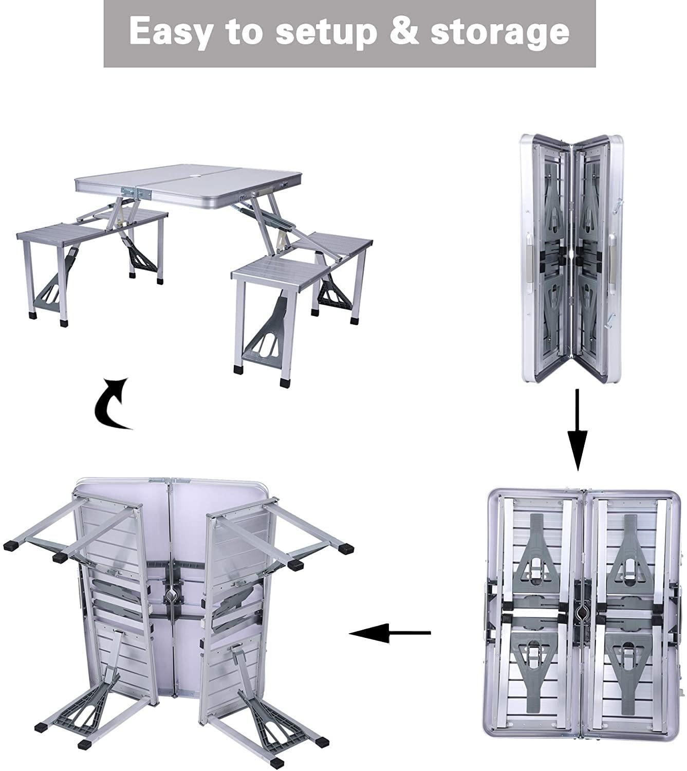 Picnic Table Folding Camping Table Chair Set with 4 Seats Chairs and Umbrella Hole