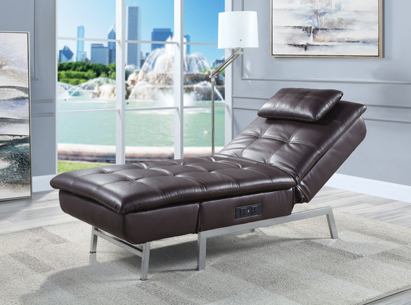 Chaise Lounge w/Pillow & USB Port in Brown Fabric