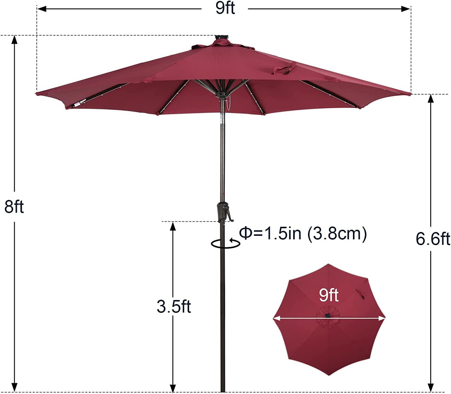 9’ Solar Patio Umbrella with 32 LED Lights