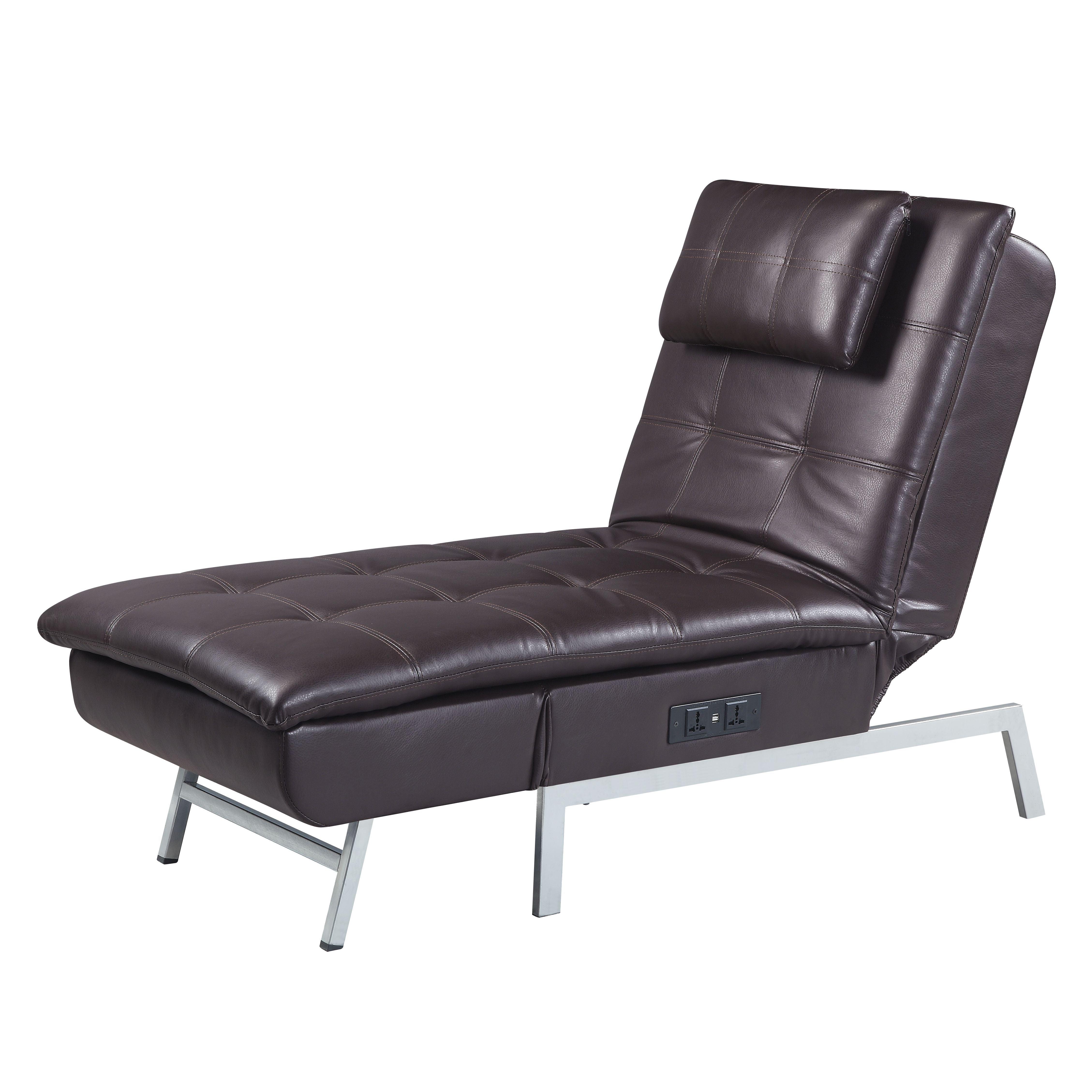 Chaise Lounge w/Pillow & USB Port in Brown Fabric