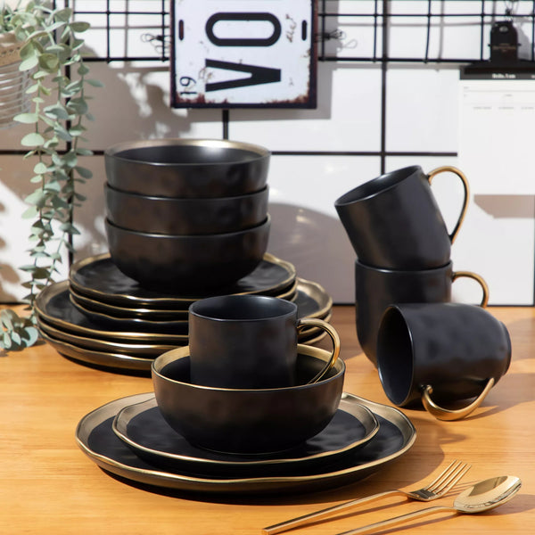 Black and Gold Porcelain Dinnerware Set with Gold Trim