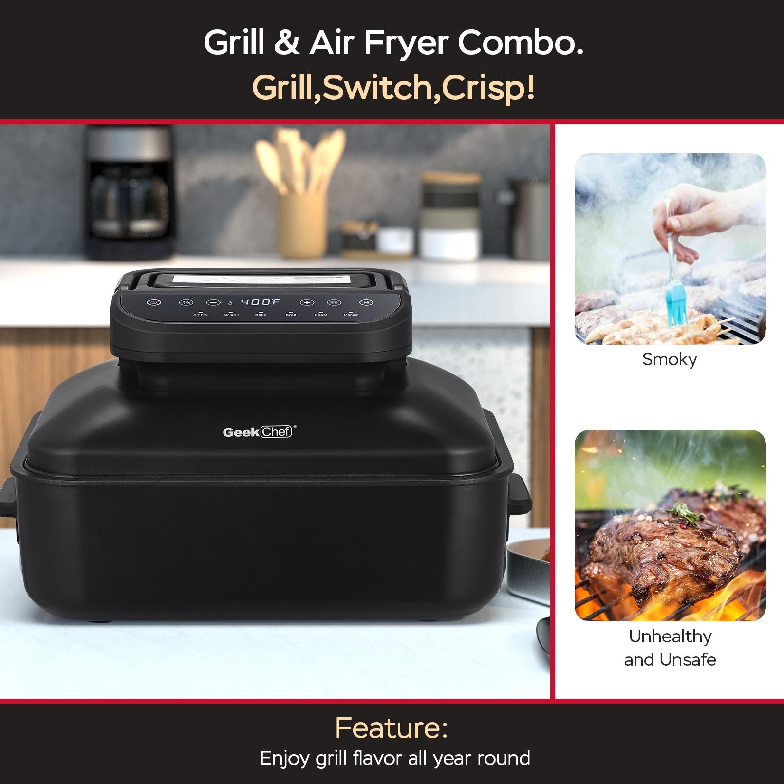 Geek Chef 7 In 1 Smokeless Electric Indoor Grill,  Portable 2 in 1 Indoor Tabletop Grill & Griddle Ban on Amazon